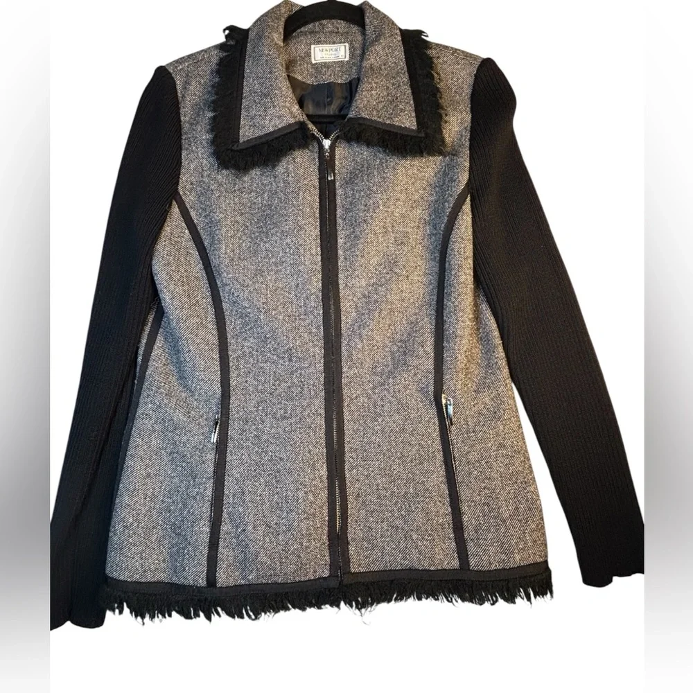 Newport Studio‎ Tweed Fringe Jacket Knit Sleeve Career Chic Medium